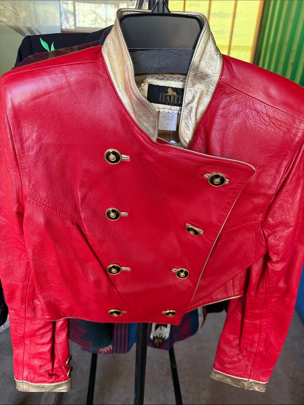 Vintage Red Leather Double-Breasted Jacket with Gold Trim